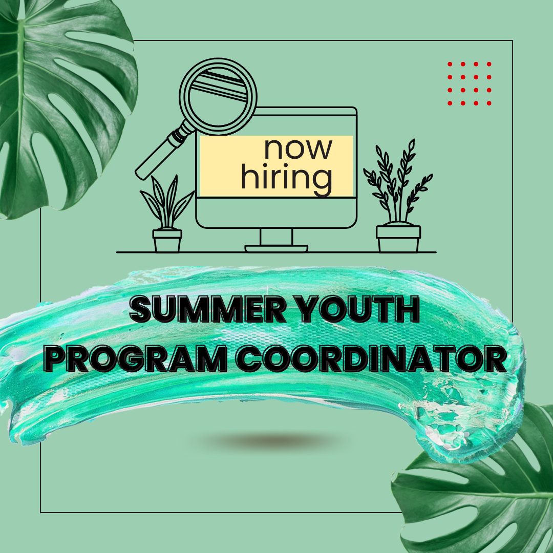 The graphic is decorated with a magnifying glass and computer in the center with palm leaves in the corners and the MN8 logo. It reads, “now hiring. Summer Youth Program Coordinator.”
