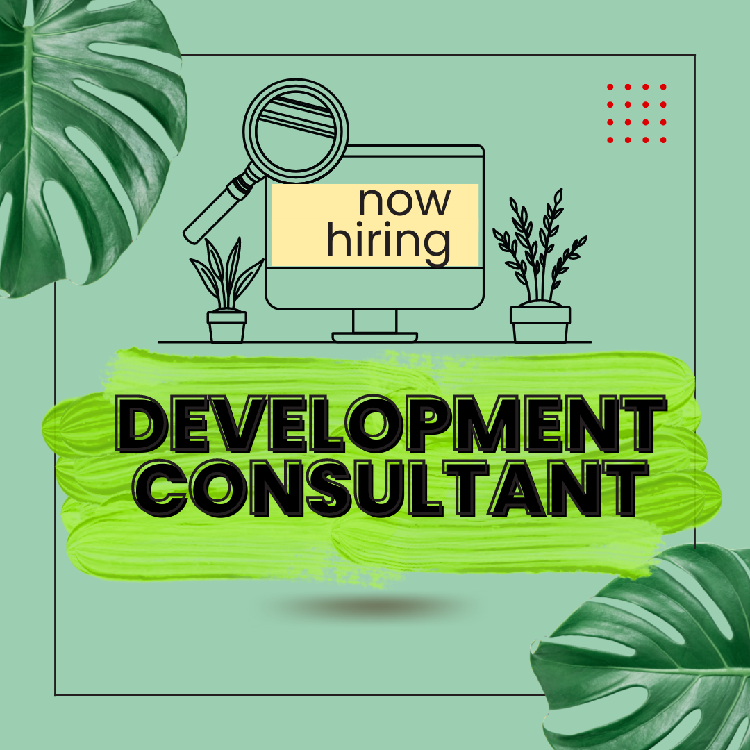 The graphic is decorated with a magnifying glass and computer in the center with palm leaves in the corners and the MN8 logo. It reads, “now hiring. Development Consultant.”